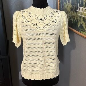 Democracy Crochet Knit Sweater Petite Small Scalloped Mock Neck Boho Cottage